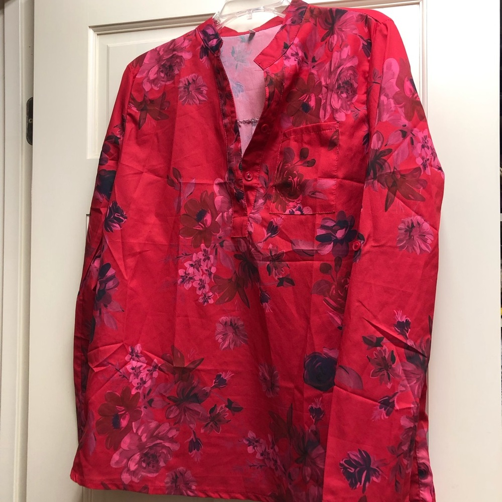 Long sleeve red silk blouse. Lightweight